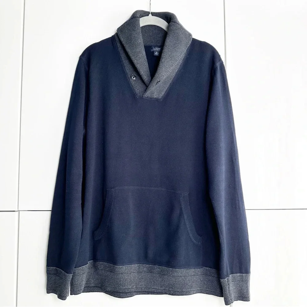 J. Crew Mens Shawl Collar Sweater Navy Gray Trim Medium Cotton Old Money Preppy